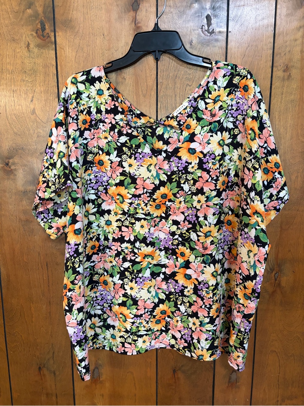 JODIFL Black Floral V-Neck Tunic with Pink, Orange & Purple Blossoms